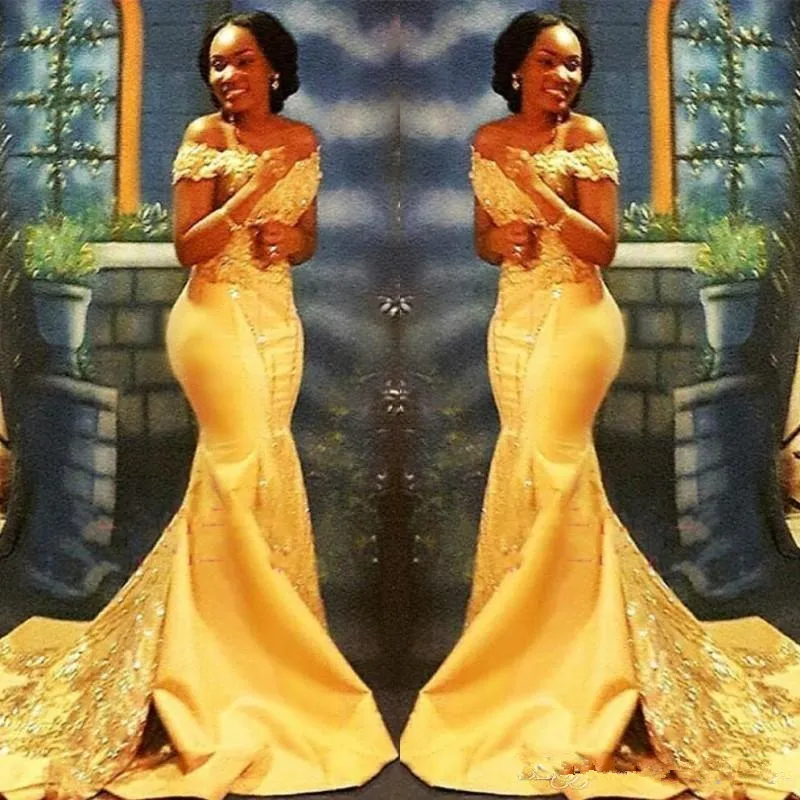Yellow African Nigerian Mermaid Prom Dresses Off Shoulder Lace Sequined Satin Plus Size Evening Gowns Holidays Graduation Wear Abendkleider