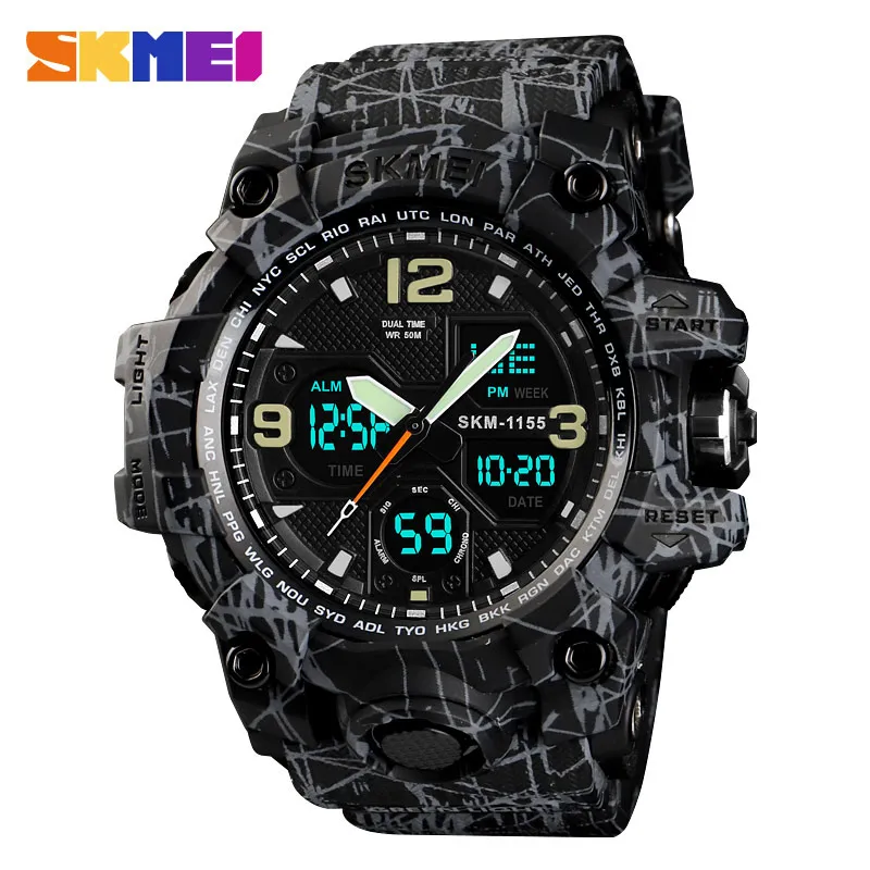 SKMEI уличные спортивные часы мужские 5 бар водонепроницаемые военные камуфляжные часы двойной дисплей наручные часы relogio masculino 1155B2216