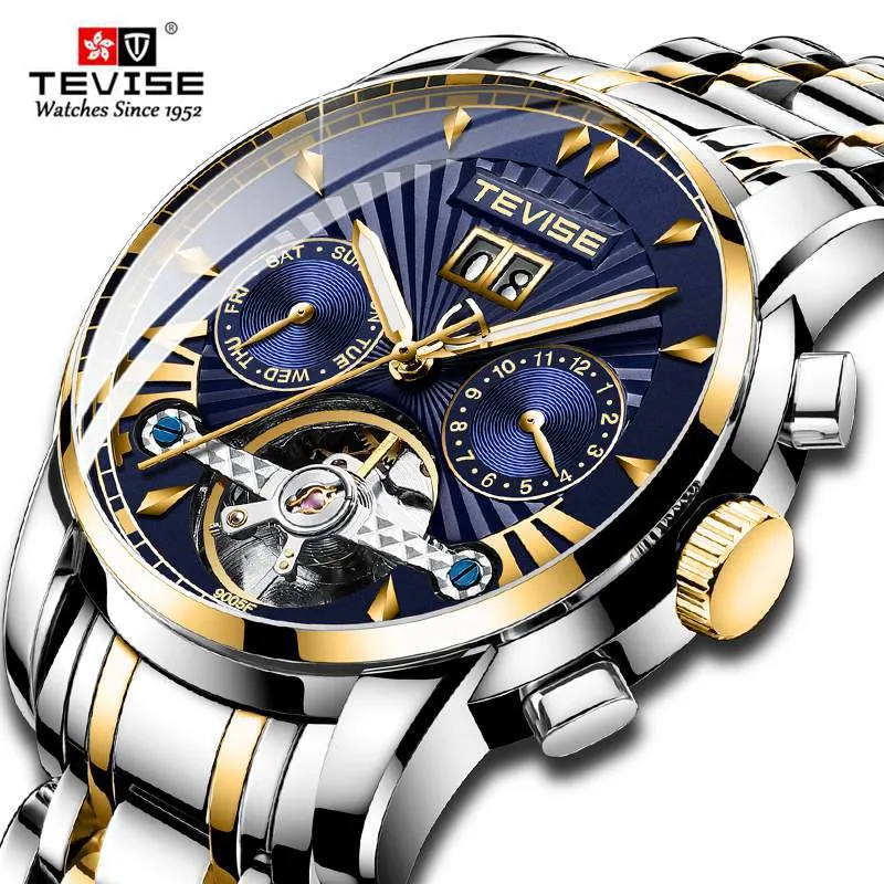 최고 럭셔리 브랜드 Tevise Automatic Men Watch 스테인리스 스틸 투어 빌론 캘린더 기계식 손목 시계 남성 비즈니스 클럭