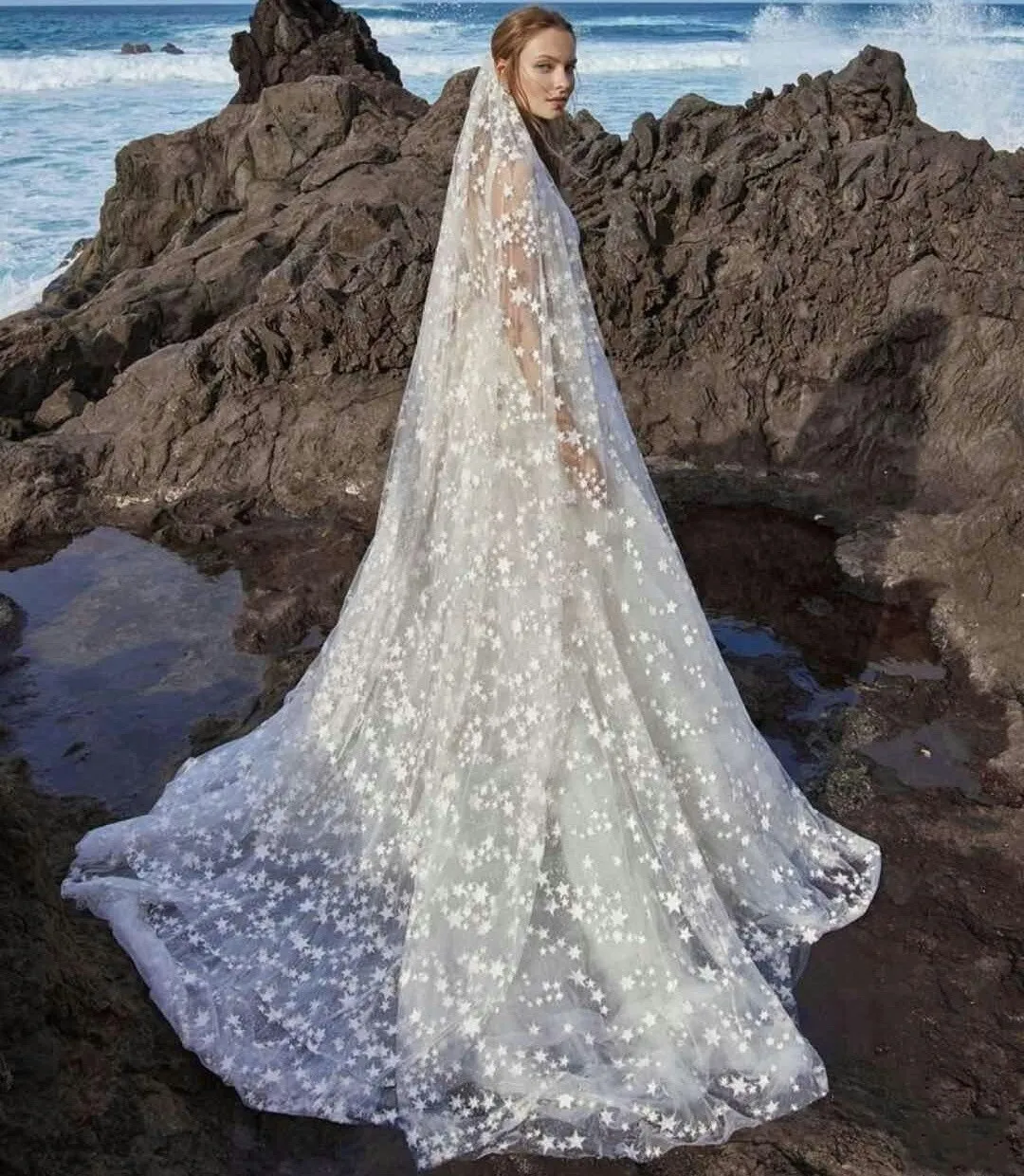 Elegante velo da sposa con stelle da spiaggia a uno strato applicato 2,5 m di lunghezza cappella lunga velo da sposa Boho per accessori per capelli da donna