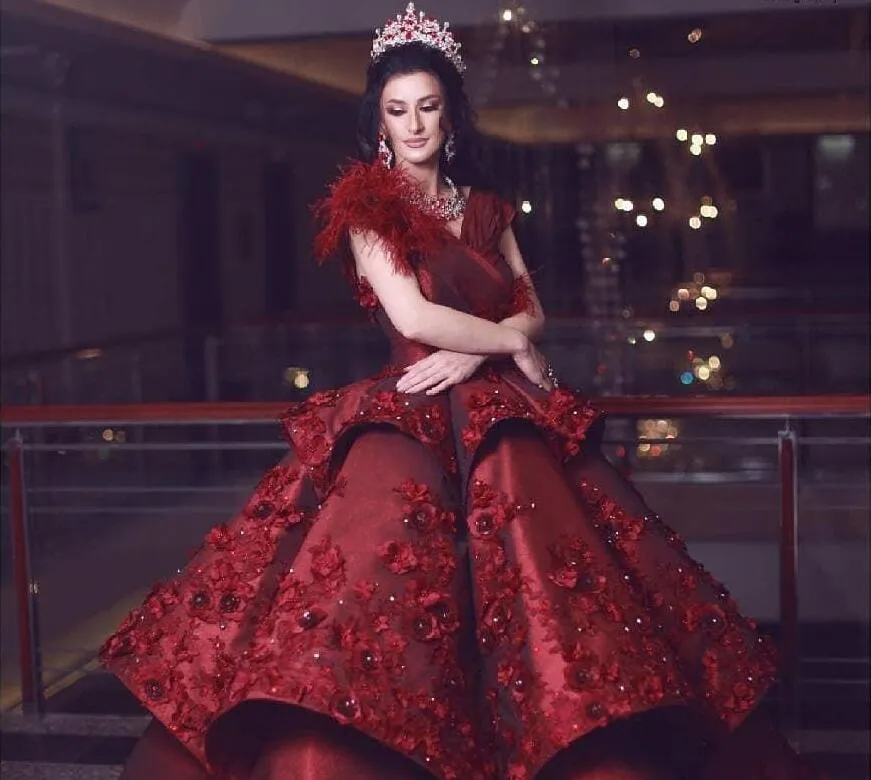 2020 New Arrival Burgundy Evening Dresses Feather 3D Floral Applique Beads Satin Ball Gown Prom Dress Ruffles Gorgeous Formal Occasion Gowns From Beautypalace 234.61 DHgate.Com
