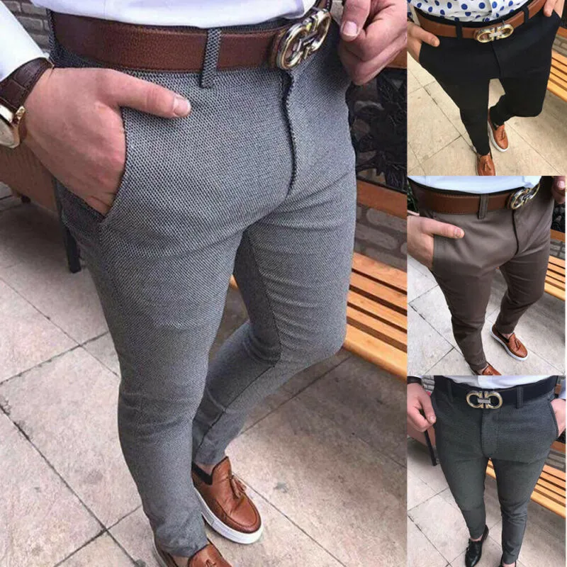 Men Casual Pant Business Slim Fit Solid Zipper Business Long Elegant Pants Trousers with 4 Colors Asian Size