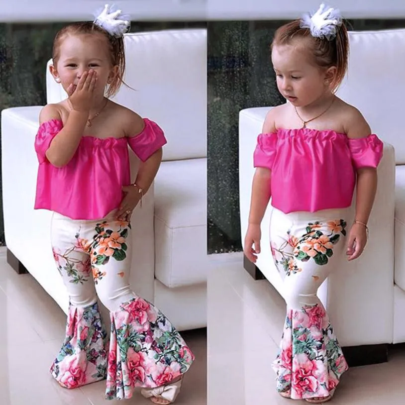 2019 Ropa De Verano Para Niñas Moda 2 Piezas Para Bebés Y Niños Pequeños Con Hombros Descubiertos + Conjunto De Pantalones Florales 8,41 € DHgate