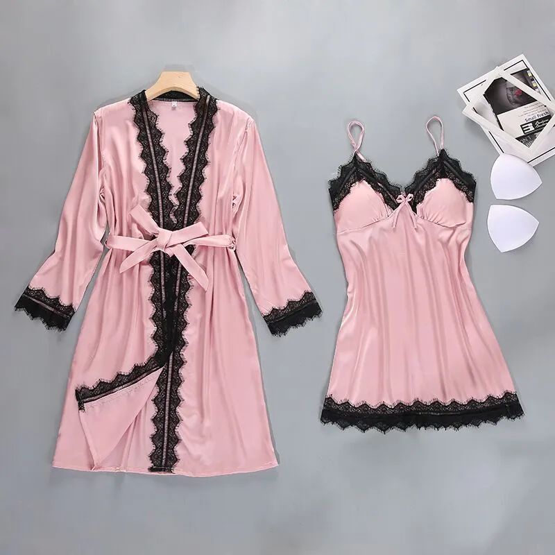 Sexy Lace Silk Women Robe & Gown Set Satin Sleep Dress+Bathrobe Two Piece Robe Suit Bridesmaid Wedding Sleepwear Femme Homewear