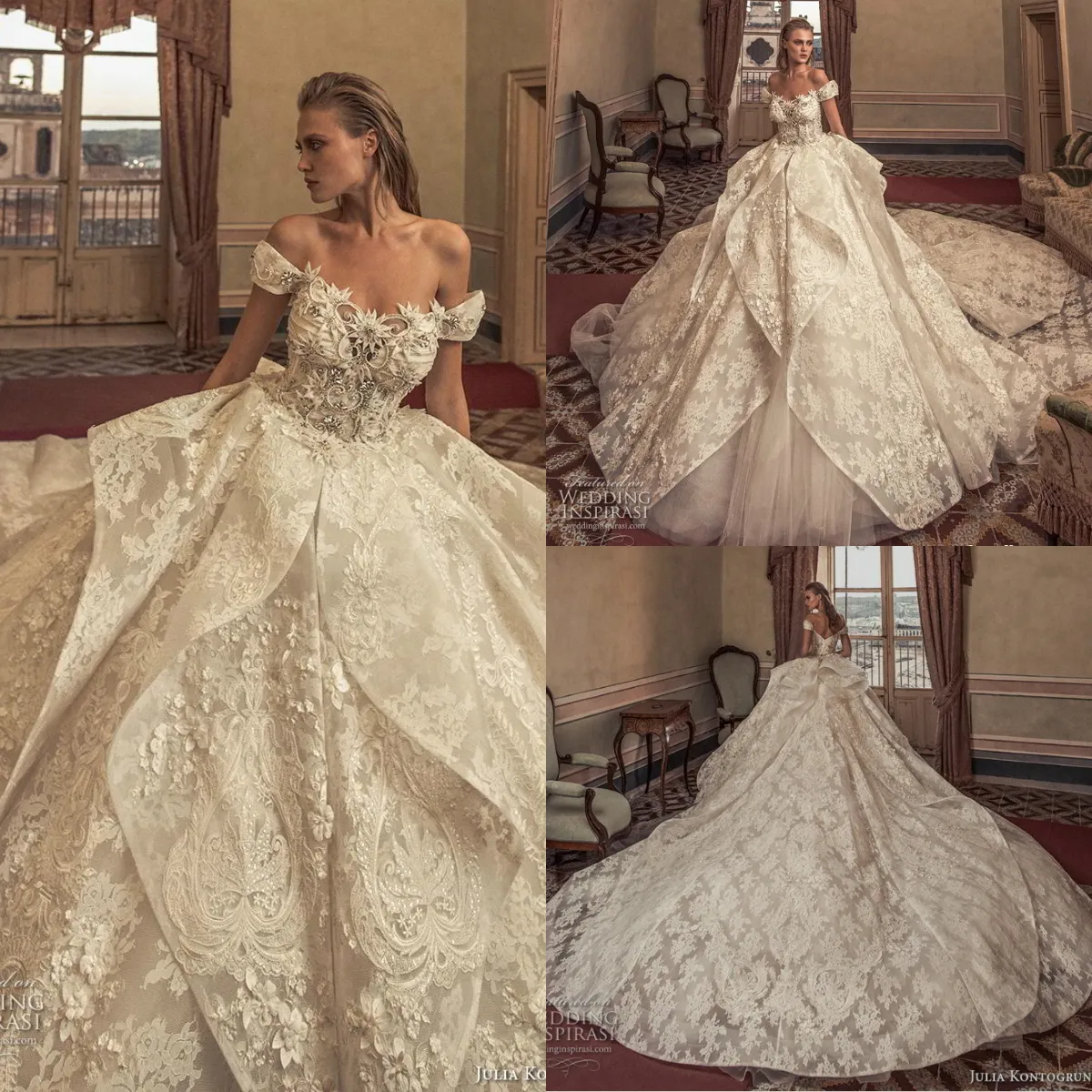 Julia Kontogruni Vintage Ball Gown Bröllopsklänningar Av Skulder Lace Appliques Beads Court Train Plus Size Chapel Bridal Gowns Royal Robes