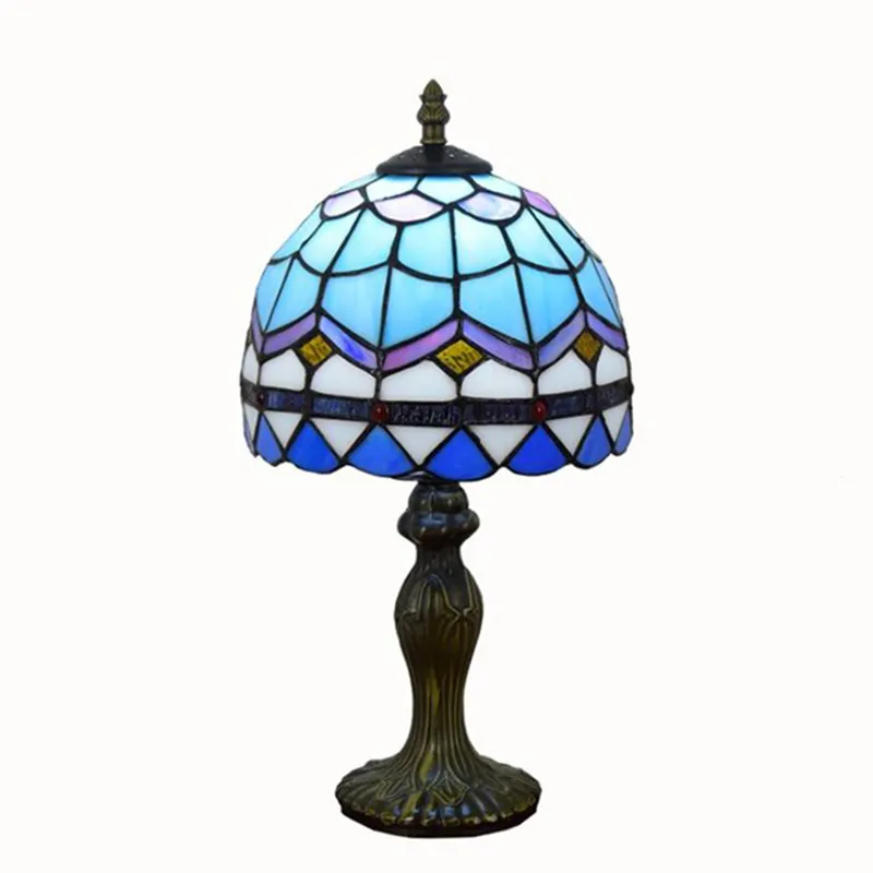 ティファニーテーブルランプヨーロッパブルー地中海灯ステンドグラステーブルランプクリエイティブベッドルームベッドサイドデスクライト20cm