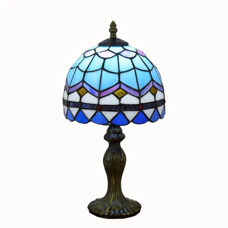 Tiffany bordslampa europeisk blå medelhavslampa färgad glas bordslampa kreativ sovrum sängbord ljus 20cm