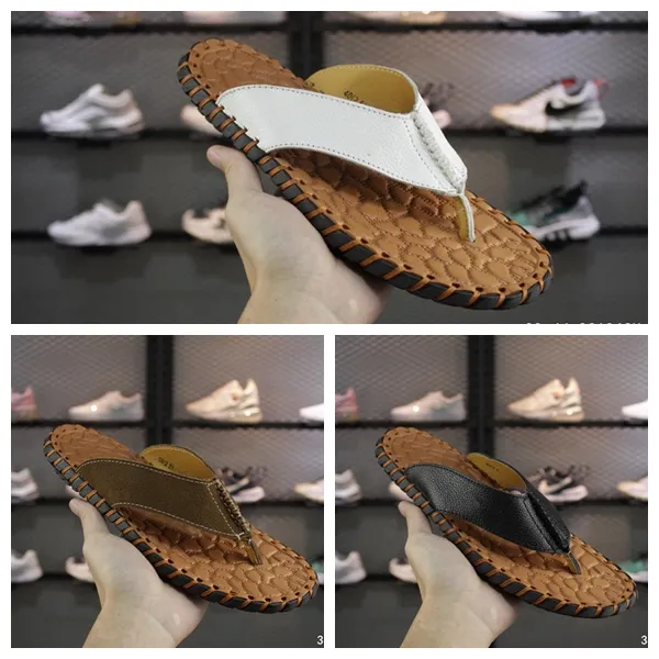 2019 leather flip flops Designer Shoe Goodyear sole Slides Summer Beach Indoor Flat Slippers House Flip Flops sandal black white size 38-44