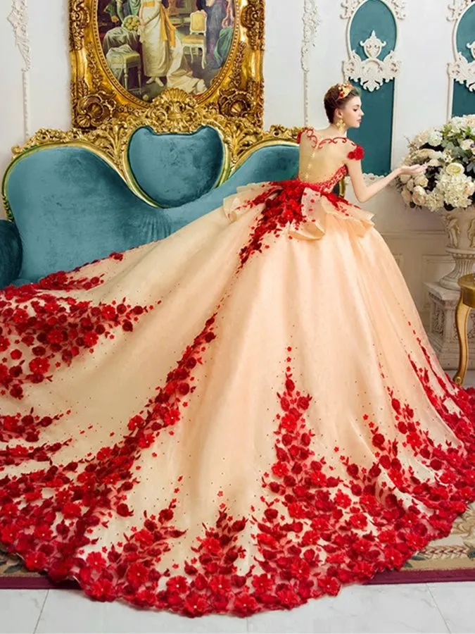 Illusion Neckline 3D Flowers Ball Gown Champagne Wedding Dresses With 1m  Train Appliques Wedding Bridal Gowns Robe De Mariage Plus Size From  Donnaweddingdress12, $177.43 | DHgate.Com