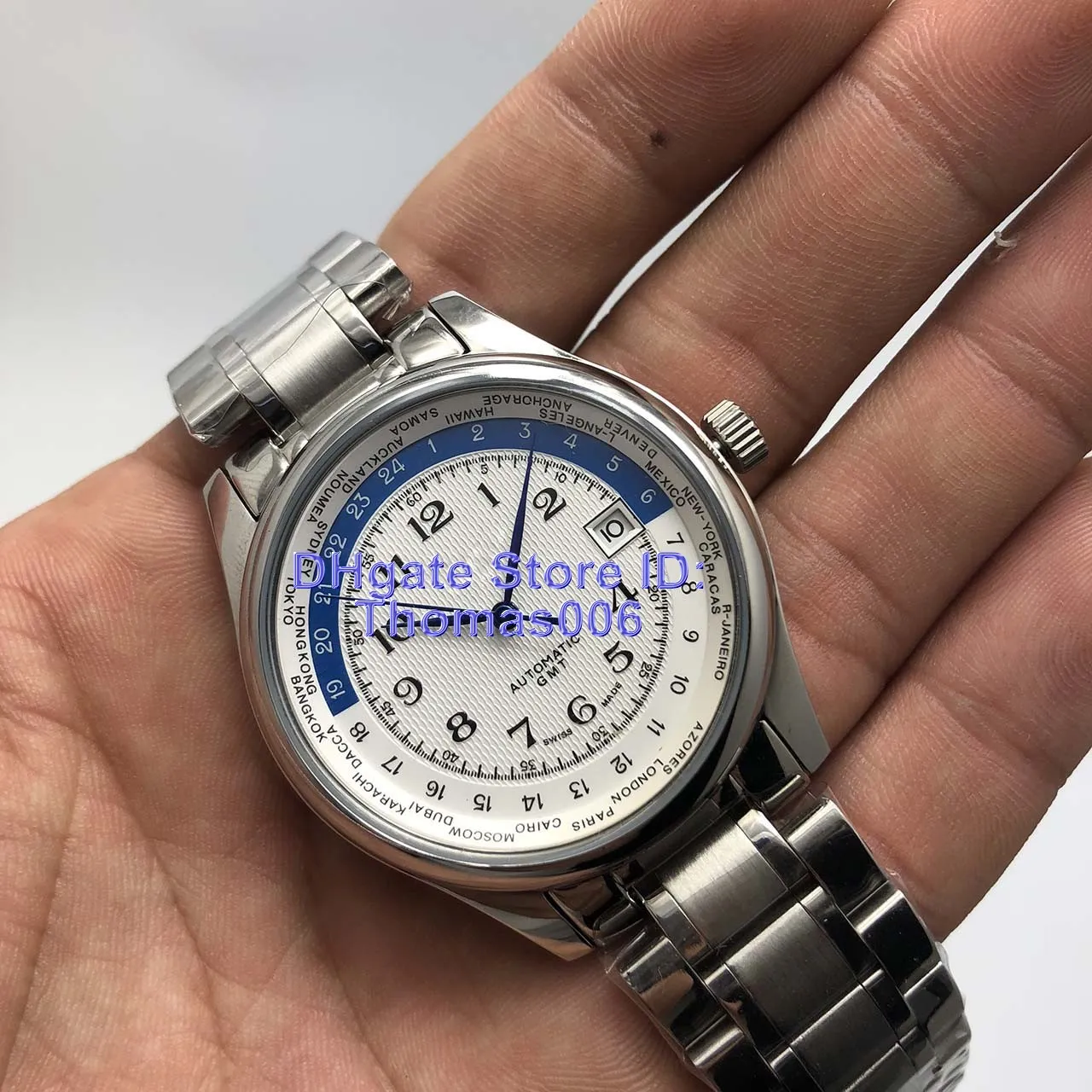 Relojes de pulsera Relojes mecánicos automáticos para hombres Reloj de acero inoxidable Llama Puntero azul Dial blanco Buena calidad Lon2