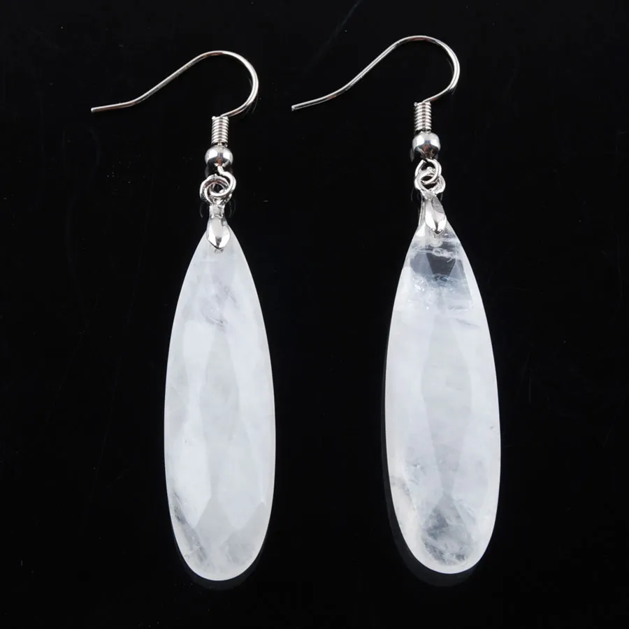 Wojiaer White Crystal Dangle Hook Earrings Reiki Natural Gem Stone Beads Drop Earring Vintage Faceted Polygon for Female Jewelry R3205