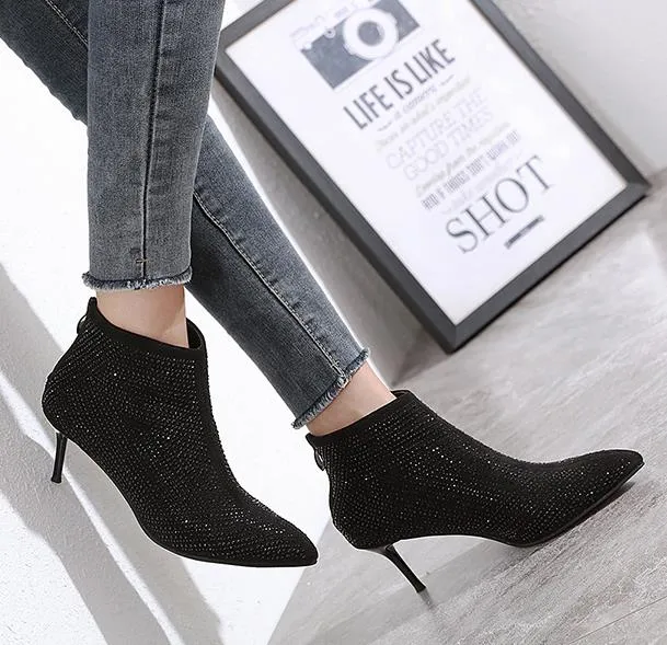 Chic Black Rhinestone Kitten Heel Bootie 6cm Fashion Luxe Designer Dames Schoenen Winterlaarzen Maat 34-40