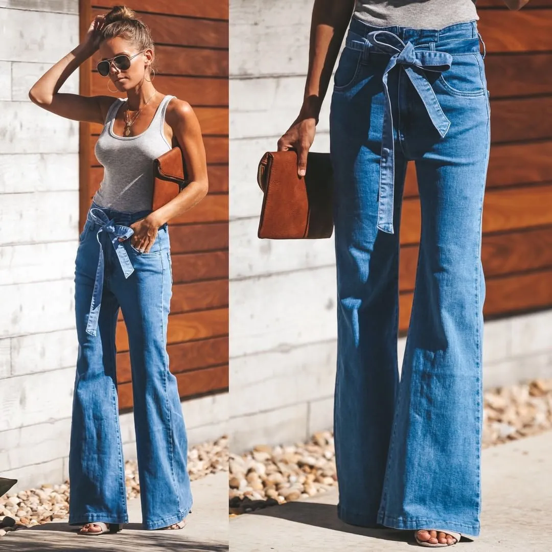 Tendance de la mode taille haute bleu ciel haute élastique mince avec denim jambe large gros pantalon cloche (y compris ceinture) jean