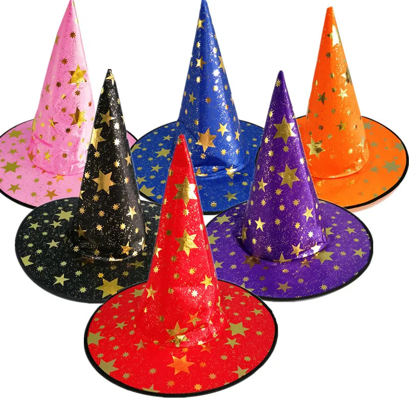 Halloween Toys Witch Hat Non-Woven tyghattar Dekorativa rekvisiter Kostym Ball Party Cosplay Stars Tryckt Wizard's Hat
