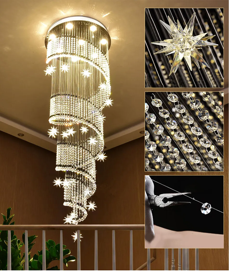 Modern LED Long Spiral Crystal Trappa ljuskrona Lighting Round Design Hallway Creative Restaurant Hängande ljusarmaturer