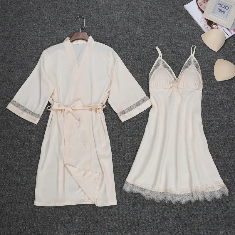 Wholesale-Sexy Womens Night Robe Strap Top Pajamas Suit Summer Two Piec Sleepwear Sets Casual Home Wear Nightwear Sleep Kimono Bath Gown