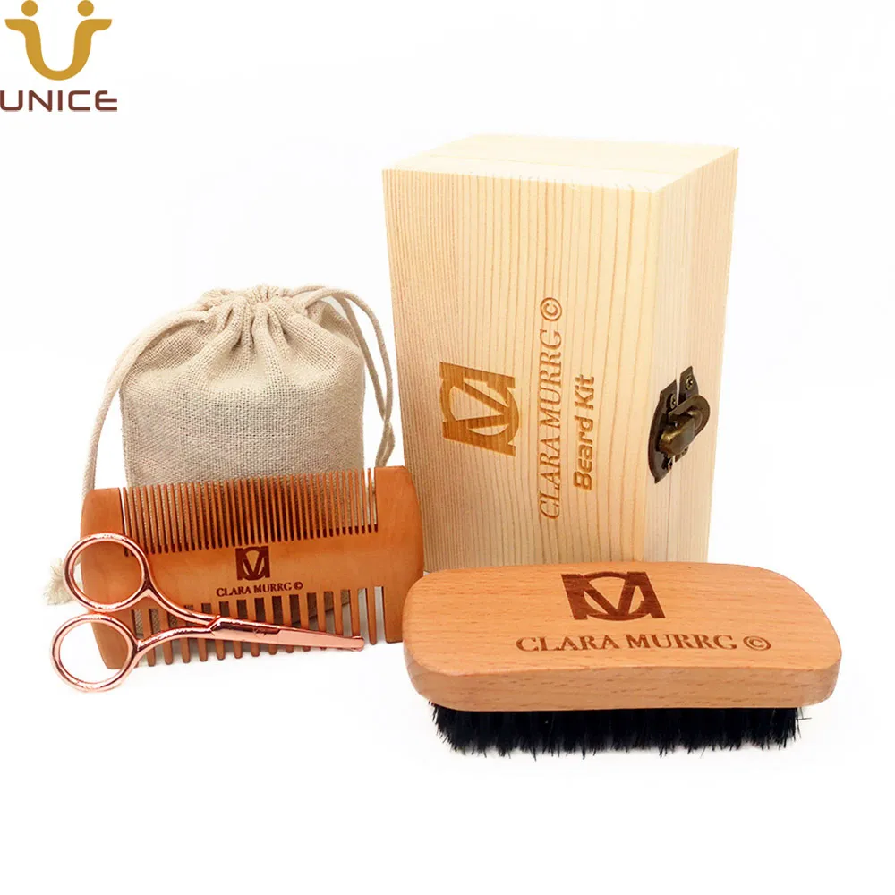 MOQ 100 PCS Amazons Choice Hair Combs Beard Brush Stål Sax OEM Anpassa Logo Gentlemen Mustasch Care Kits med anpassad trälåda