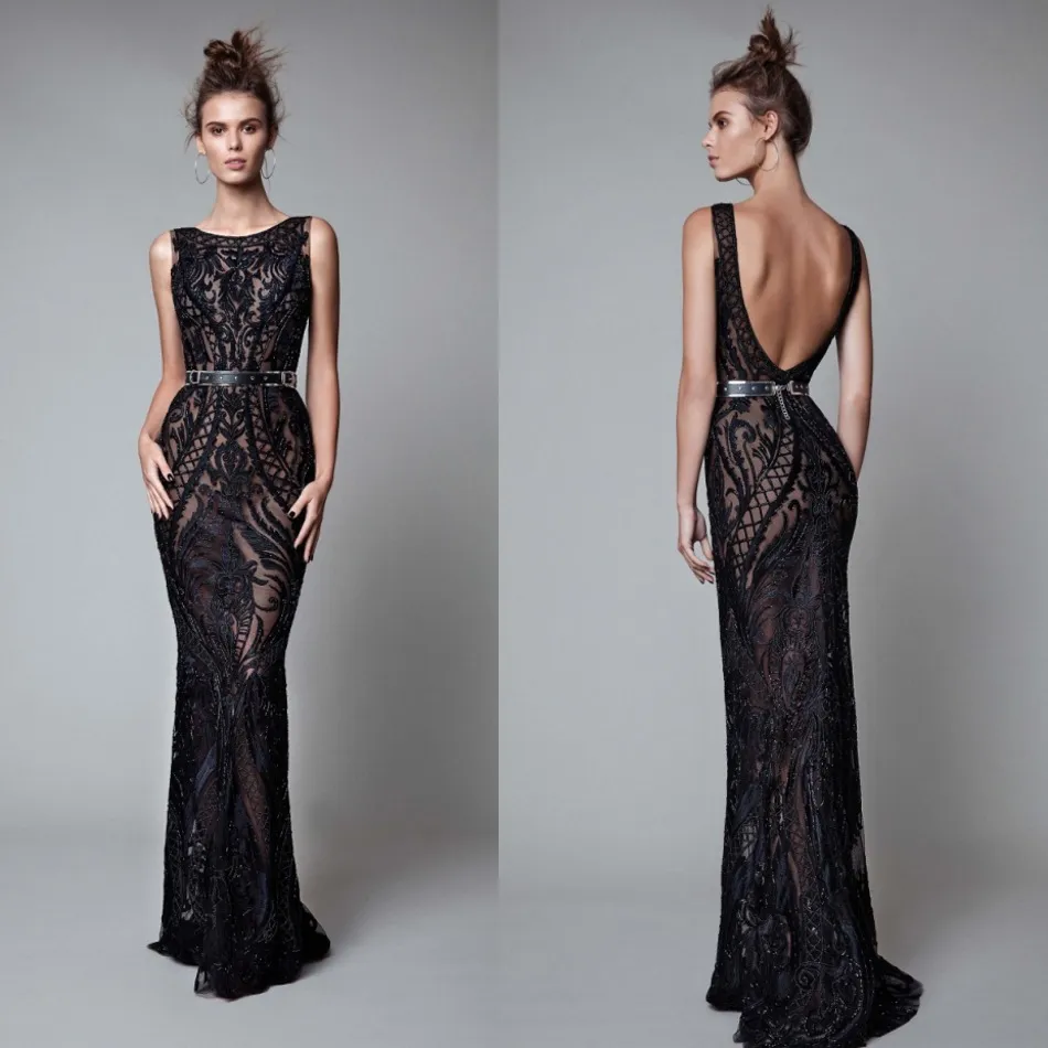 Backless Prom Evening Dresses Black Full Lace Mermaid Party Gowns Floor Length Formal Dress With Belt Custom Made