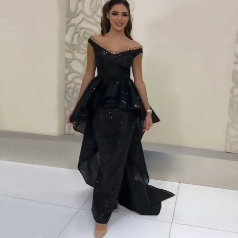 Sequin Mermaid Evening Dresses v neck cap sleeves 2019 dubai Kaftan Prom Dress Saudi Arabic Robe De Soiree Longue Vestido Festa Longo