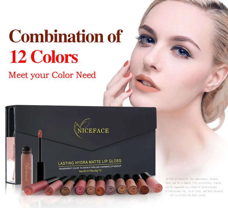 NICEFACE 12Pcs lip gloss kit Matte Long-Lasting Lipstick 12 Colors Lip Gloss Waterproof Lip stick 5gx12 Beauty Lips Makeup 60sets/lot DHL