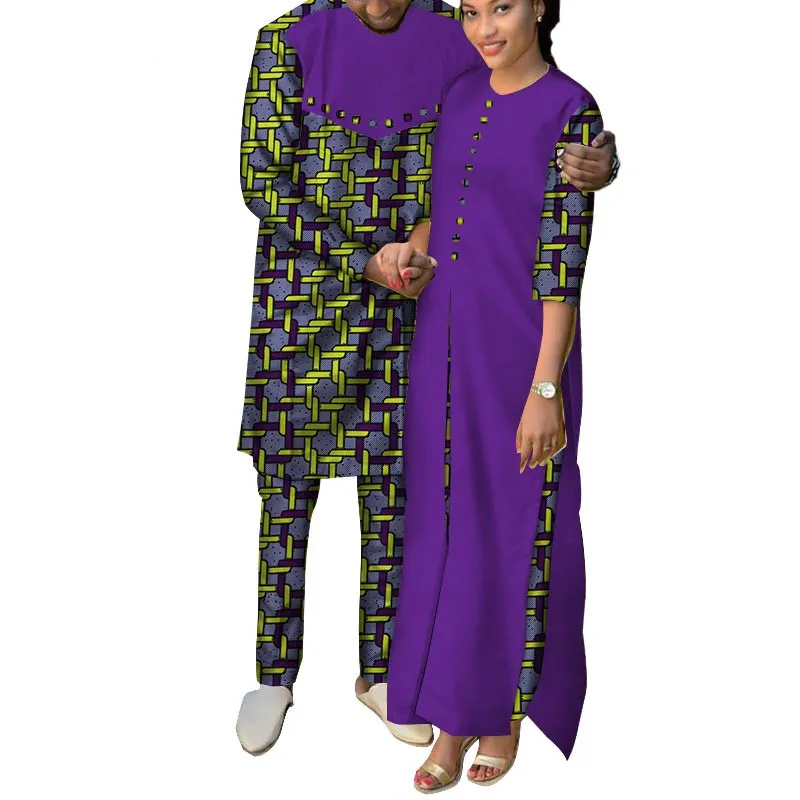 African Clothes Women Ankara Print Long Dresses Mens Shirt and Pants Sets Lover Couples Clothes African Design Clothing WYQ146