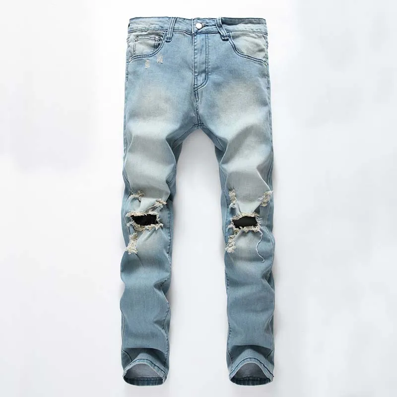 Männer Casual Jeans Denim Hosen Gerade Distressed Ripped Vintage Knie Löcher Mittlere Taille Normal