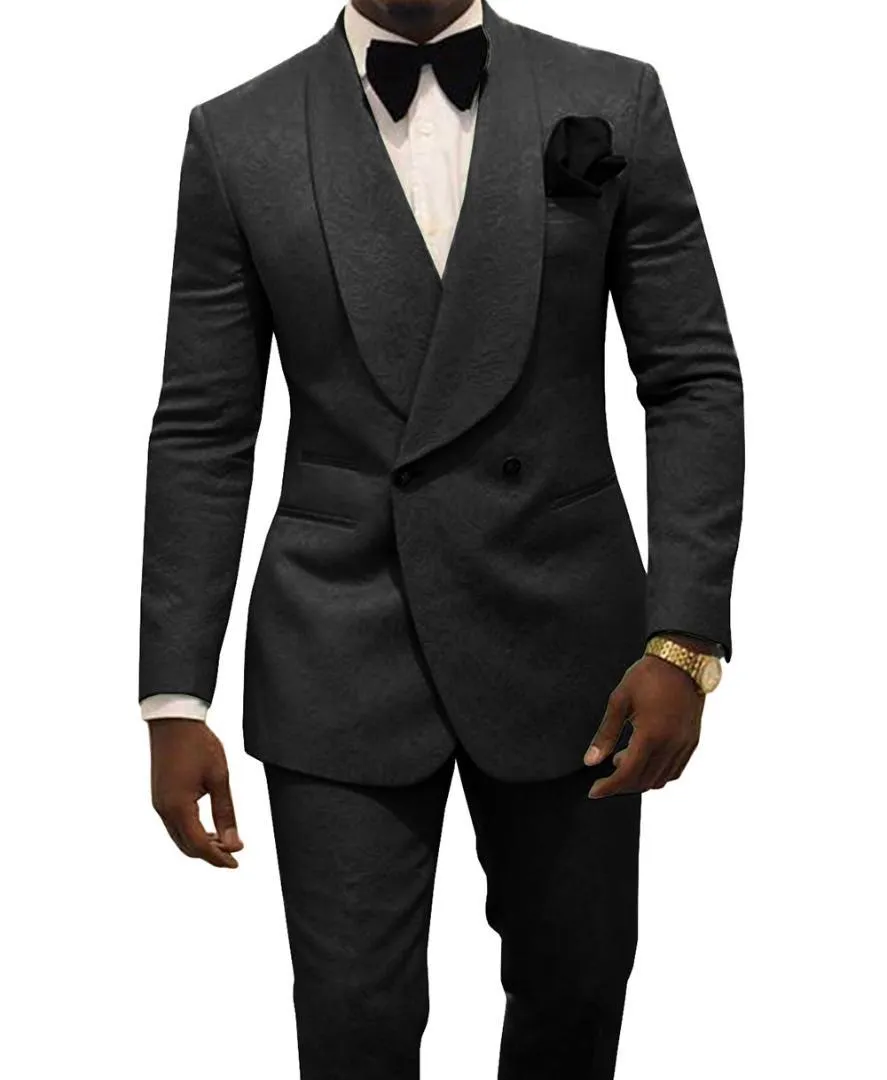 Date Double-Breasted Noir Paisley Groom Tuxedos Châle Revers Hommes Costumes 2 pièces Mariage / Bal / Dîner Blazer (Veste + Pantalon + Cravate) W750