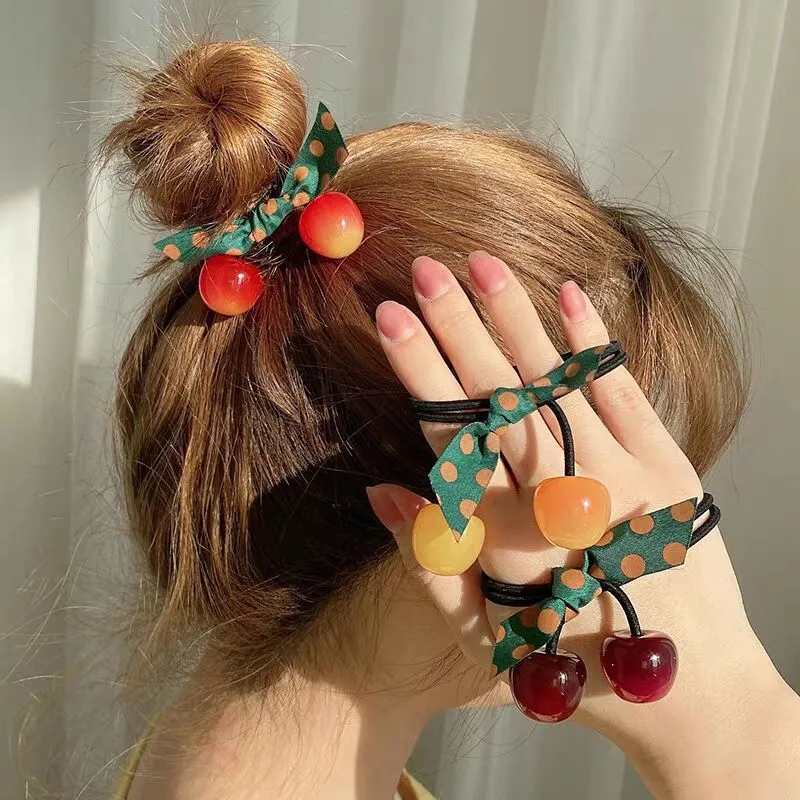 Bandes de cheveux élastiques avec nœud cerise, mignon, pour femmes et filles, porte-queue de cheval, bandeau en caoutchouc doux, chouchou, accessoires de cheveux à la mode