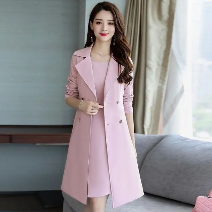 Robe en deux pièces Été Automne Angleterre Style Double Boutonnage Trenchs Coupe-Vent Femmes Robes Décontractées Trenchs + Robes M-XXL