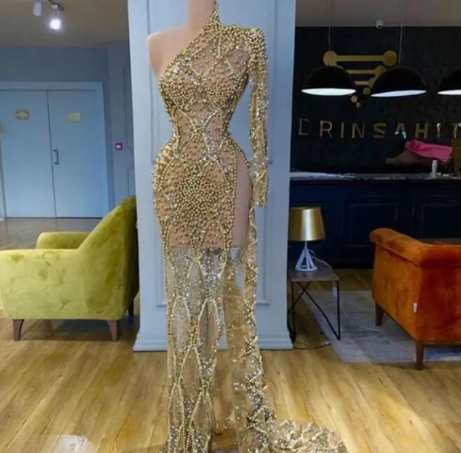 Abendkleid Yousef aljasmi Damenkleid Kim Kardashian One Shoulder Goldperlen Lange Ärmel