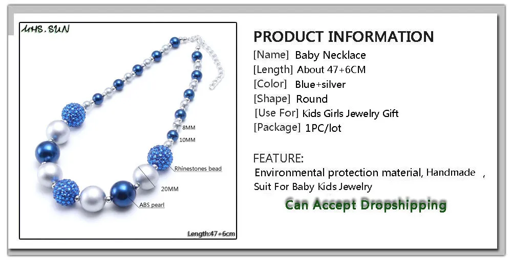 MHS.SUN Mode bébé bleu + argent chunky collier de perles filles bubblegum gumball collier fait main pour cadeau d'anniversaire enfants