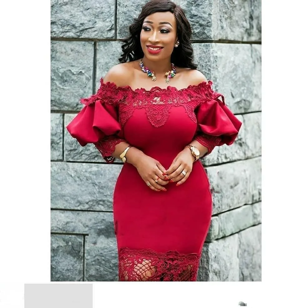 2019 New Cheap Red Cocktail Dresses Off Shoulder Lace Satin Puffy