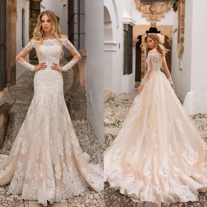 Naviblue Dolly Mermaid Wedding Dresses With Löstagel Lång ärm från axeln Pakistan Mellanöstern Full Spets Brudklänningar