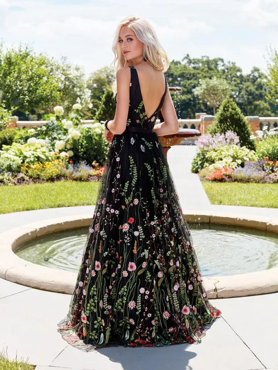 Black embroidered formal dress on sale