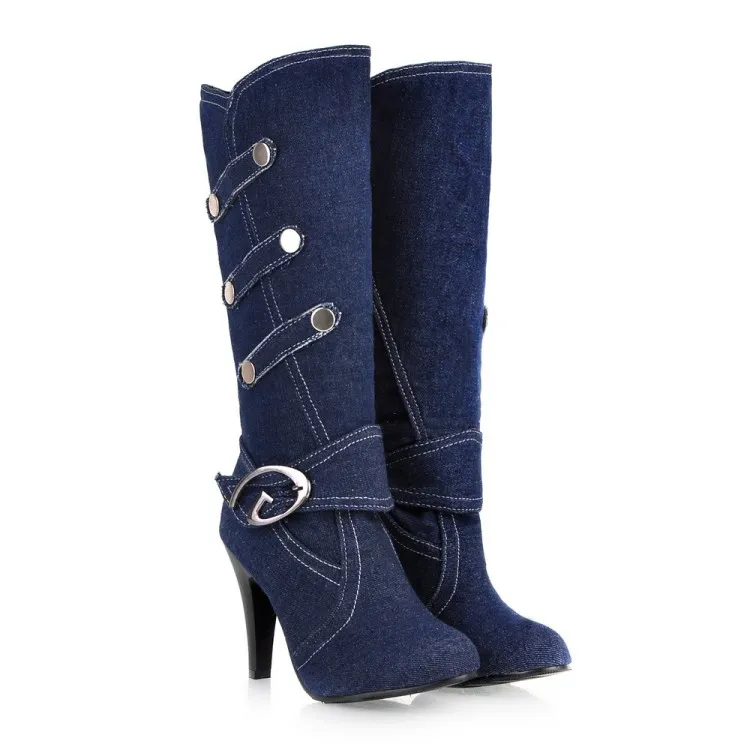 Plus la taille 34 à 42 à 48 sexy boucle denim tissu bottes à talons hauts femmes sexy bottes hautes