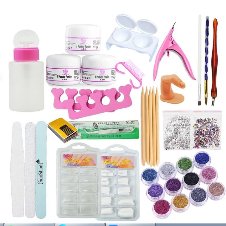 Acrylique Nail Art Manucure Kit 12 Couleur Nail Glitter Poudre Décoration Acrylique Stylo Brosse Faux Doigt Pompe Nail Art Outils Kit Ensemble