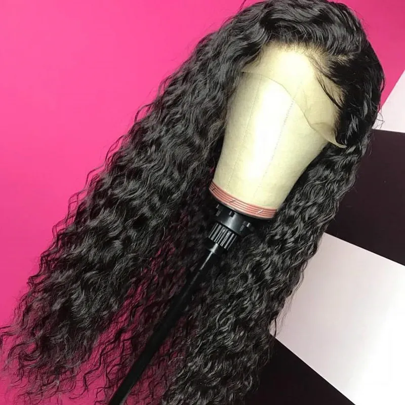 Curly Spets Front Wigs Human Hair Hår Svart Kvinnor Baby Hår Långt Vågsyntetiskt ersättare Perk Värmebeständig fiber 180% Högdensitet Naturlig utseende