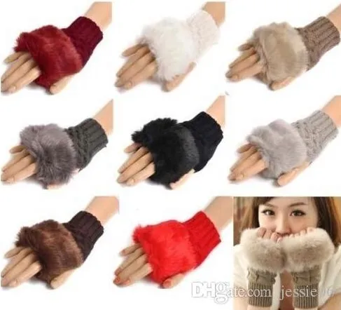 NEW Women Girl Knitted Faux Rabbit Fur gloves Mittens Winter Arm Length Warmer outdoor Fingerless Gloves colorful XMAS Party Favor 200pcs