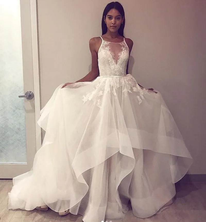 Simple A Line Beach Bridal Dresses Spaghetti Summer Light Wedding Dress Sexy Backless Tiered Tulle Wedding Gowns Cheap 2019 2020