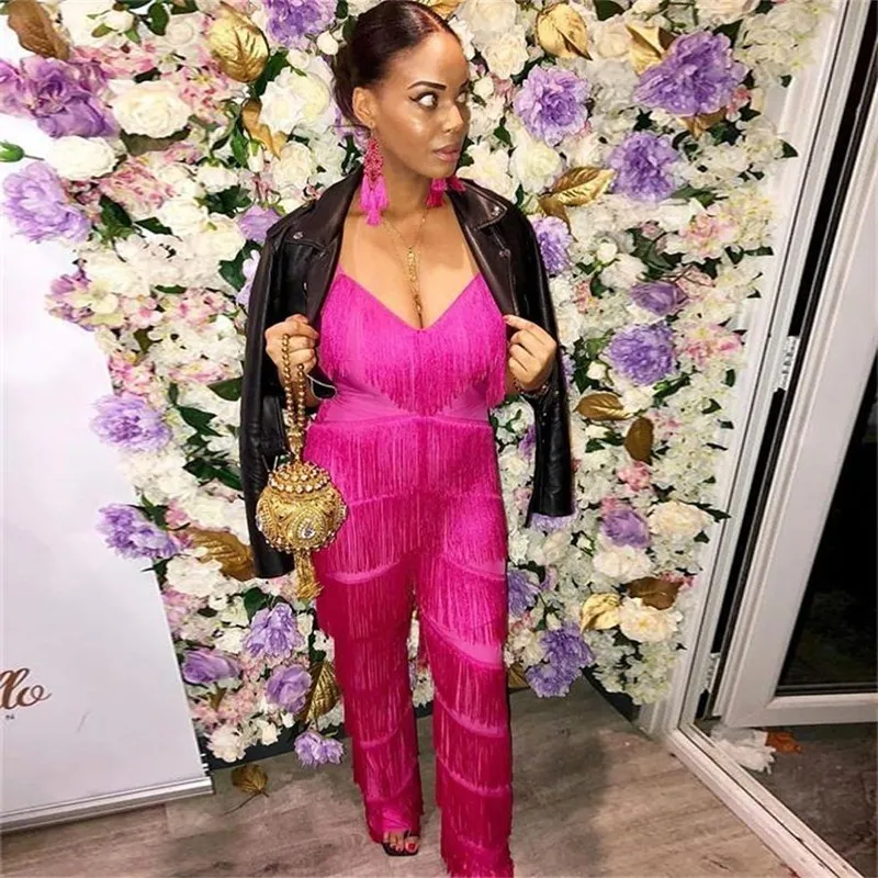 Pink Strappy Tassel Elegant Evening Jumpsuits For Women Sexy