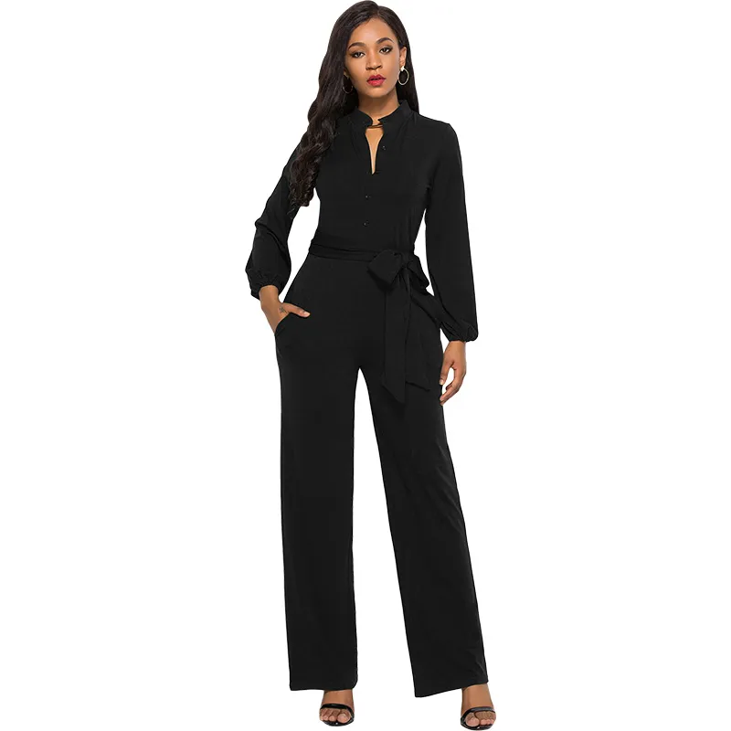 Sexy Bandage One Piece Collared Jumpsuit With Long Sleeves, V Neck