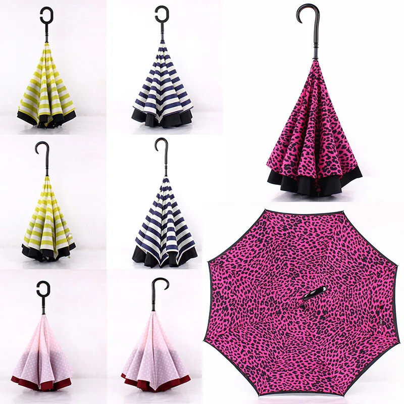 Leopard Stripe Inverted Umbrellas With C Handle Double Layer Inside Out Windproof Beach Reverse Folding Sunny Rainy Umbrella WX9-236