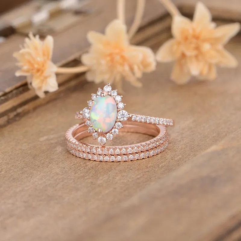 3 modische Ringe aus 14 Karat Roségold mit natürlichem weißen Opal, Diamant-Halo-Ewigkeitsschmuck, Damen-Braut-Verlobungsring-Set, Größe 5–12