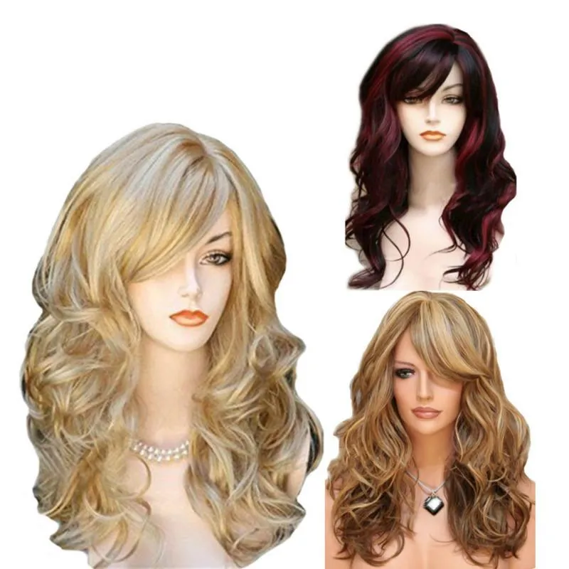 Multi Färg Medium Lång Hår Styling Wig Full Lace Vågig Hår Skrukt Bangs Curly Human Hair Wigs