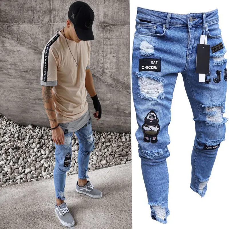 Novo jeans skinny masculino casual motociclista jeans rasgado hiphop calças rasgadas lavadas remendadas danificadas jeans slim fit streetwear