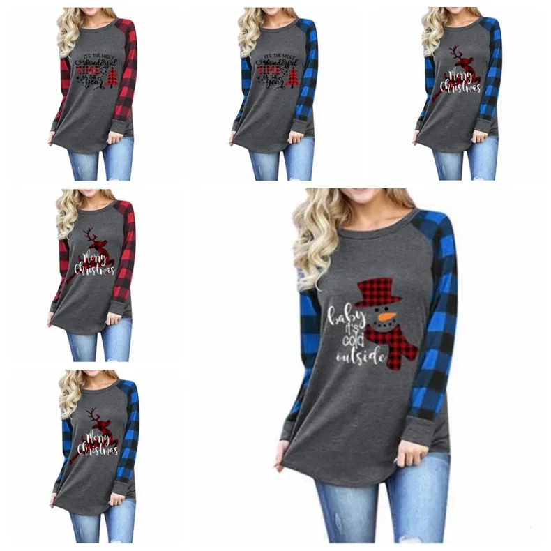 Frauen Plaid Weihnachten T-shirt Plus Größe Weihnachten Tops Elch Langarm Shirts Brief Drucken Patchwork T-shirts Baumwolle Casual Bluse Hals blusa D-6823