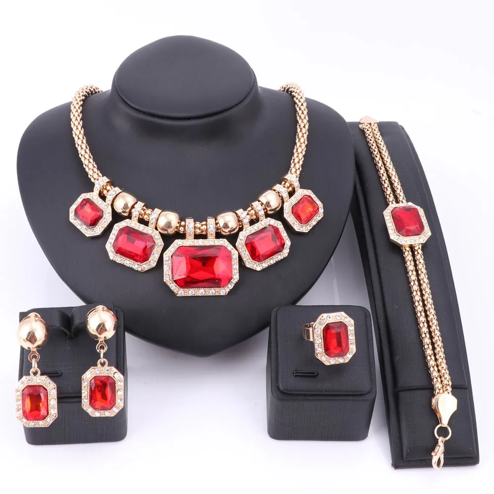 Imitação Partido Set casamento conjuntos de jóias banhado a ouro colar de cristal Mulheres Africano Beads Vintage nupcial pulseira anel Brincos