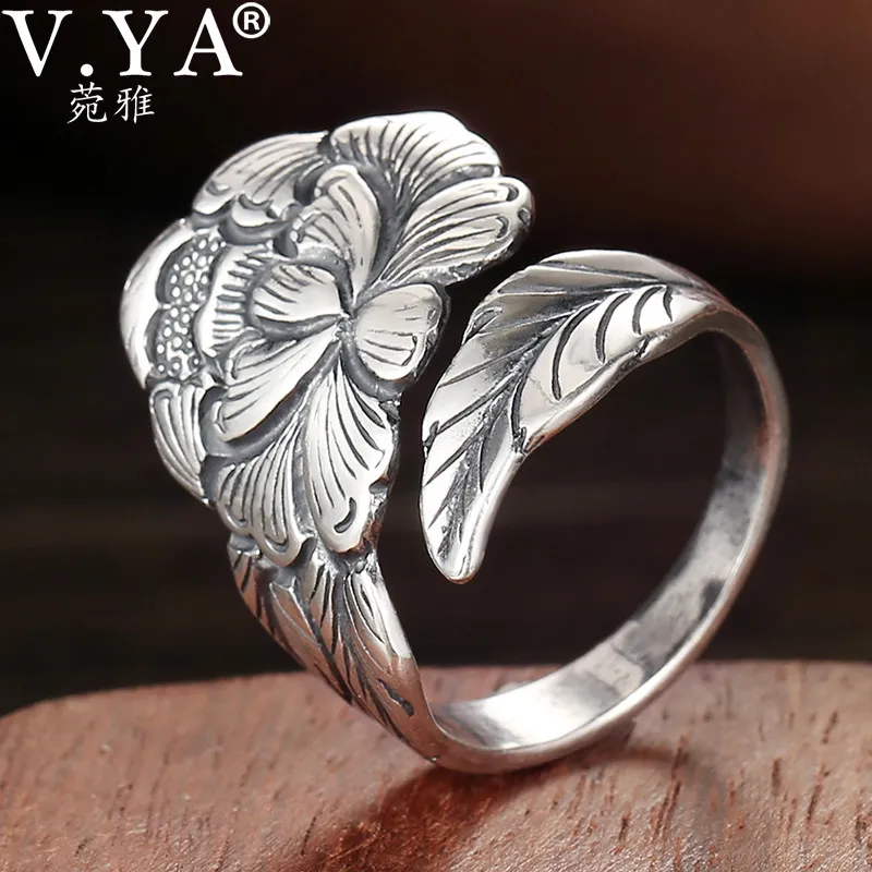 V.YA anillo ajustable de flor de peonía de 2,3 CM para mujer Plata de Ley 925 auténtica joyería fina anillos femeninos regalo de cumpleaños