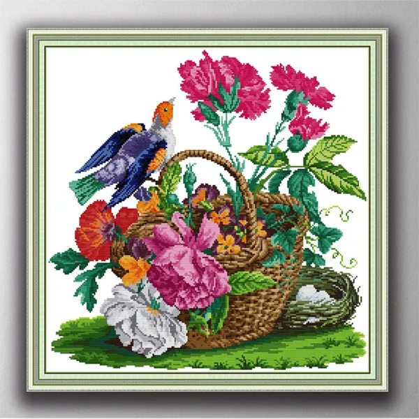 Birdie e cesto di fiori dipinti di decorazioni per la casa, strumenti artigianali a punto croce fatti a mano ricamo set di ricamo contato stampa su tela DMC 14CT / 11CT