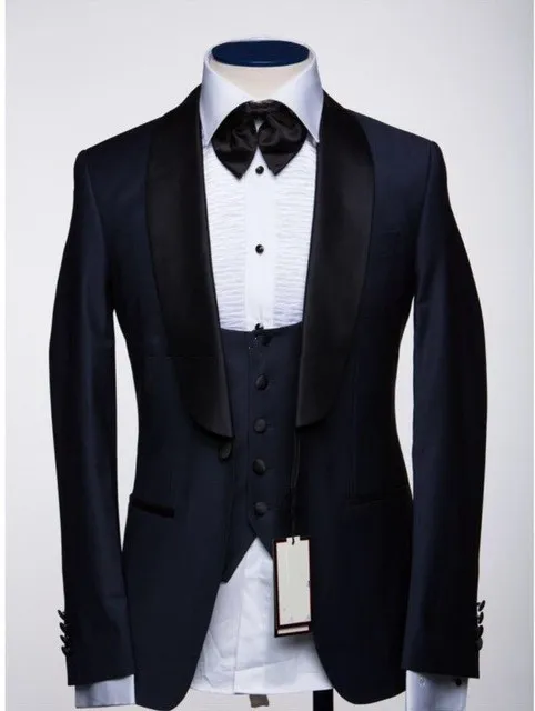 Yeni Varış Tek Düğme Donanma Mavi Düğün Damat Smokin Şal Yaka Groomsmen Erkekler Suits Balo Blazer (Ceket + Pantolon + Yelek + Kravat) W54